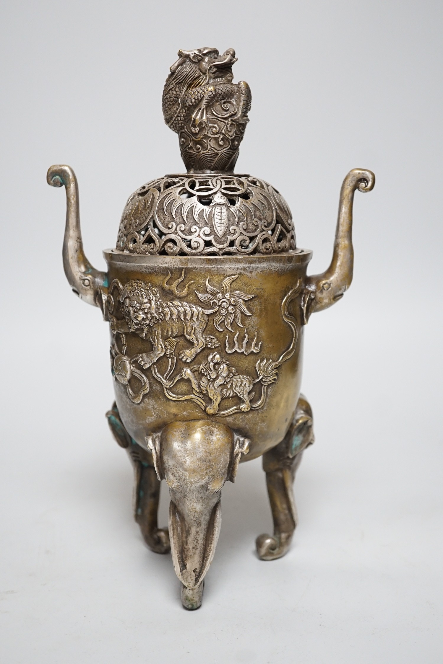 A Chinese silvered bronze censer and cover, 29cms high